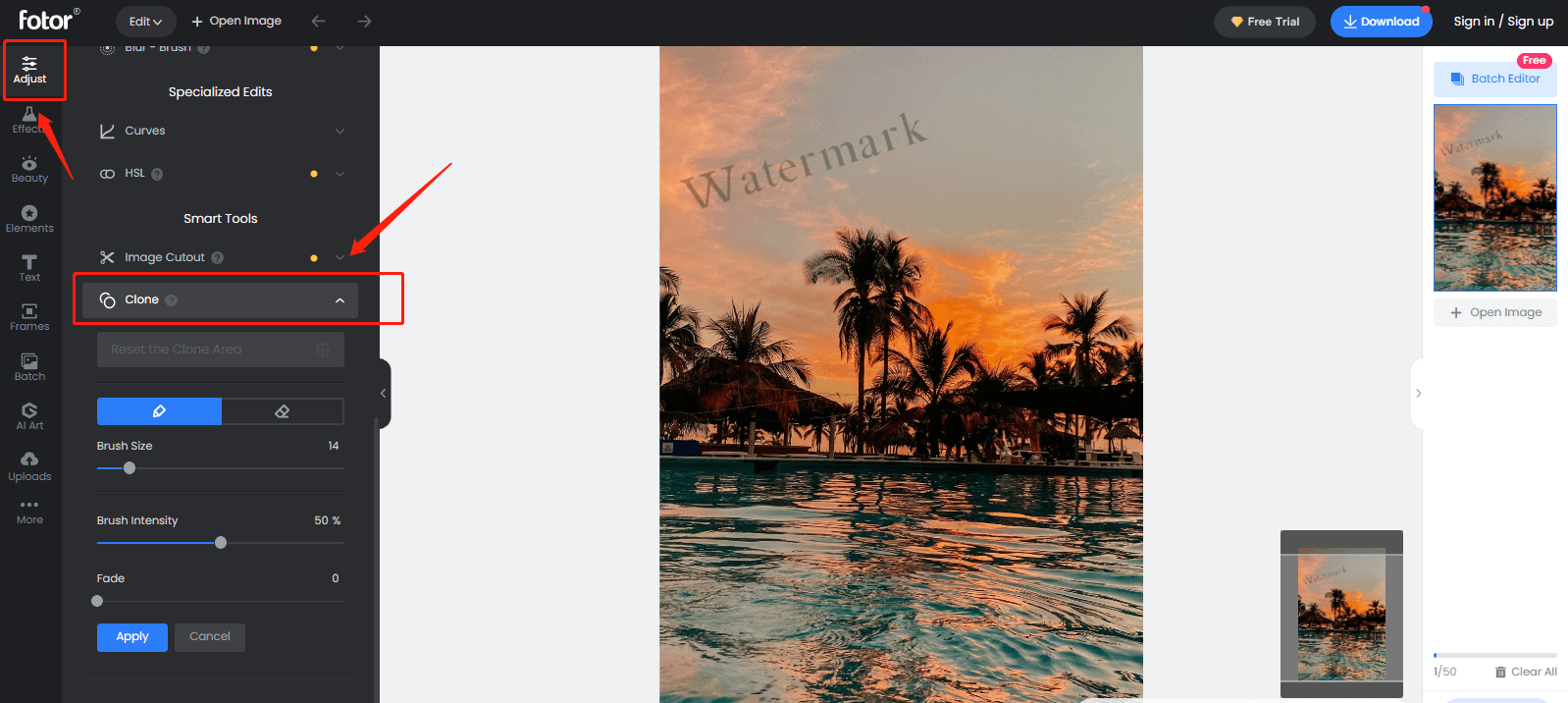 remove watermark from a photo with clone tool in Fotor