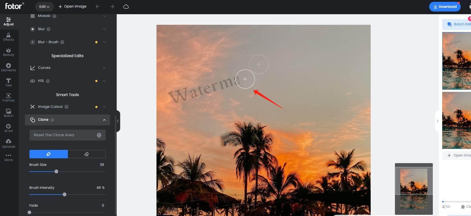 how to use the clone tool remove watermark from a photo in Fotor