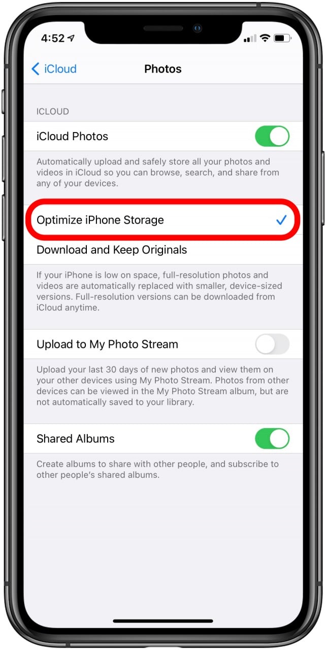 compress a photo on iphone with optimize iphone storage option