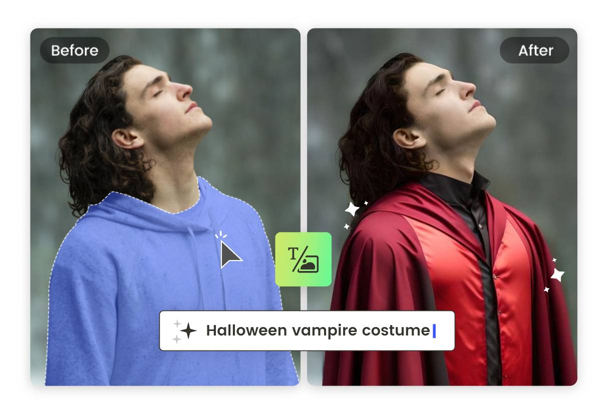 convert the original image's clothing into a vampire costume from text using Fotor's vampire filter