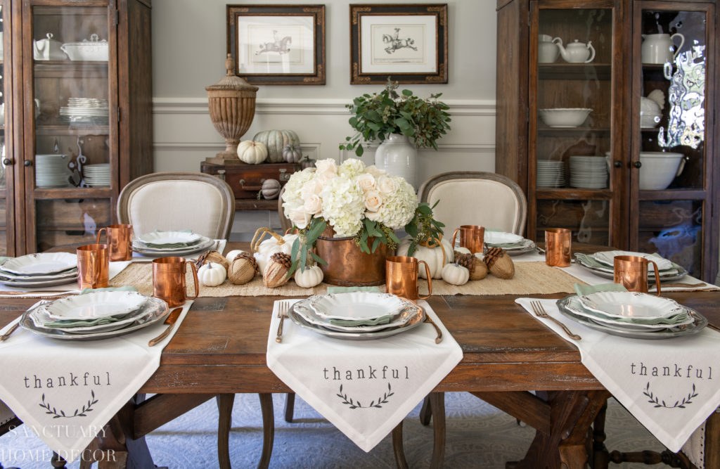 copper and gray thanksgiving table decor
