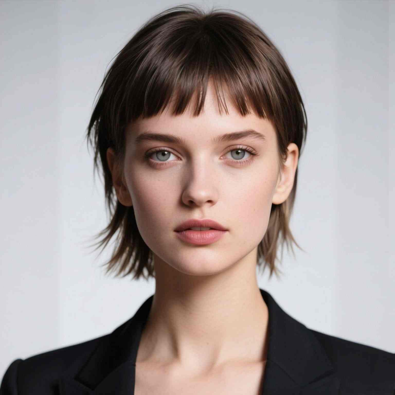 coupe mulet revisitée femme stylée avec une coupe courte pour femme portant un costume noir