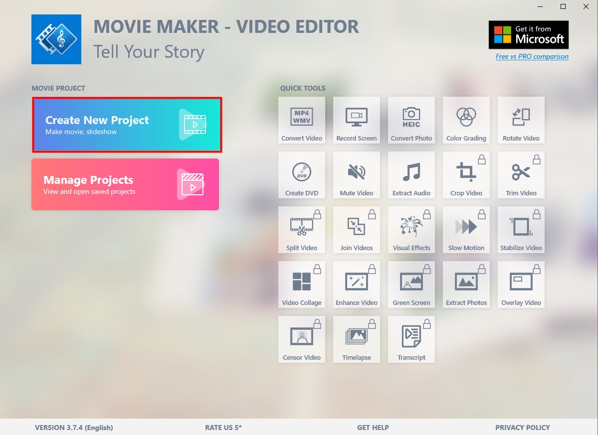 create new project movie maker