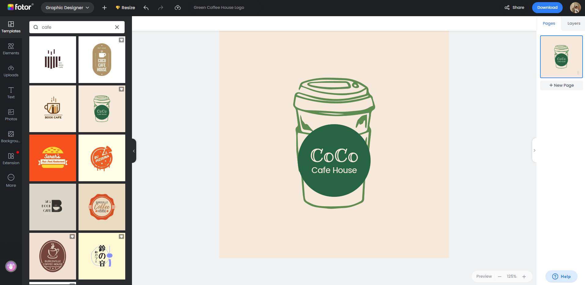customize a green cafe logo template in Fotor logo maker