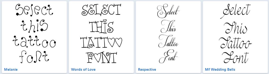 cute tattoo fonts, including Melanie, words of love, respective, and mf wedding bells