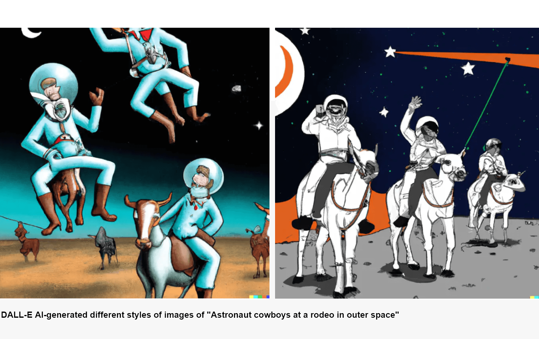 dall-e ai-generated different styles of images of astronaut cowboys at a rodeo in outer space