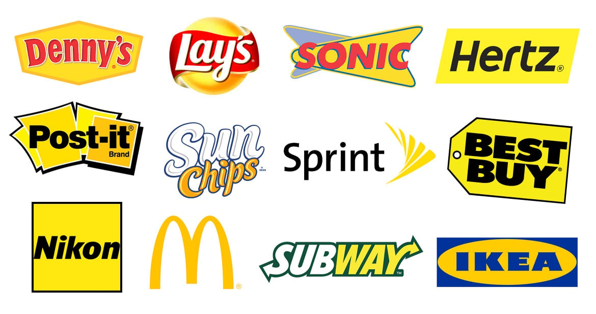 different yellow logos in various shapes