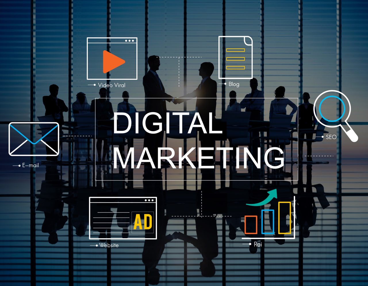 digital marketing banner of some marketing icons