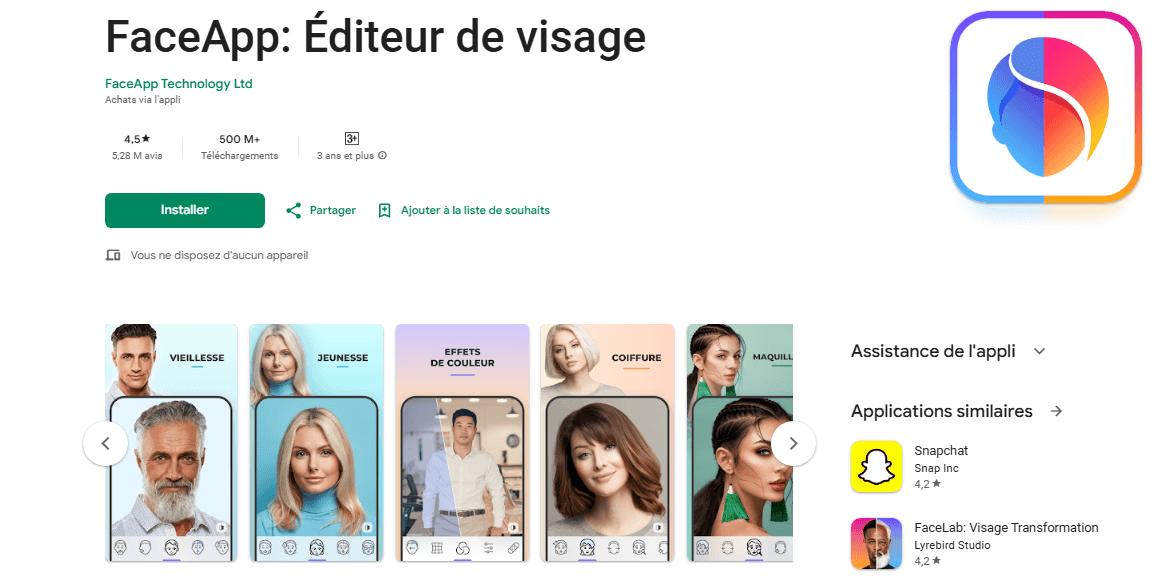 editeur de visage et filtre photo de faceapp