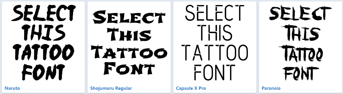 modern tattoo fonts for men, including naruto, shojumaru, capsule x pro, and paranois.