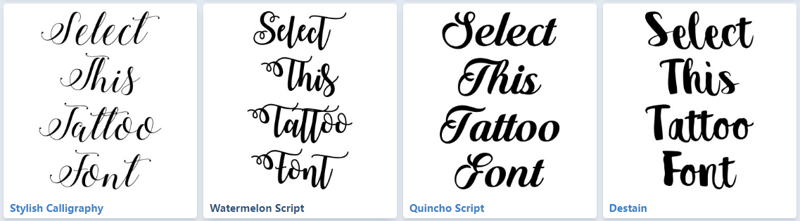 script tattoo lettering fonts, including stylish calligraphy, watermelon script, quincho script, and destain.