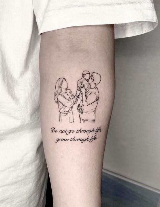 family tattoo with a familt quote and family photo