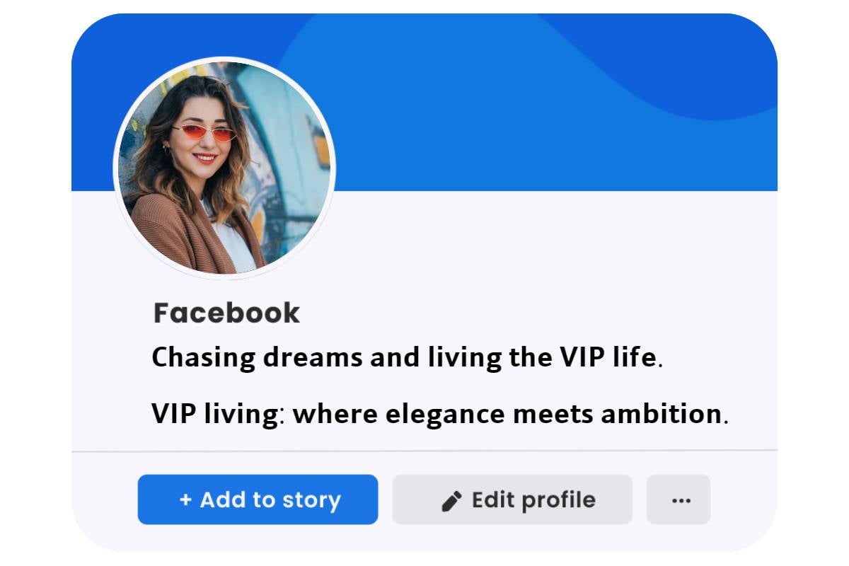 female facebook profile page with vip bio in stylish font