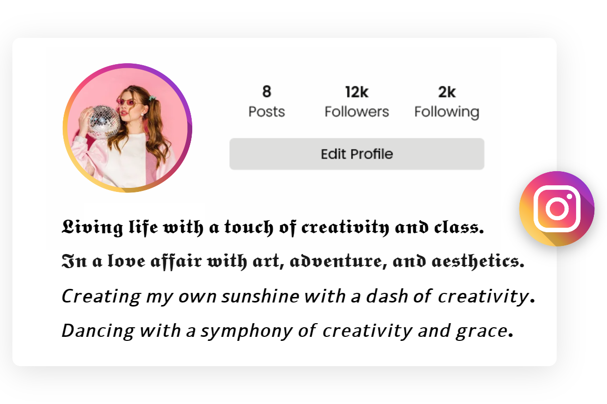 female instagram profile page with classy bios in stylish fonts
