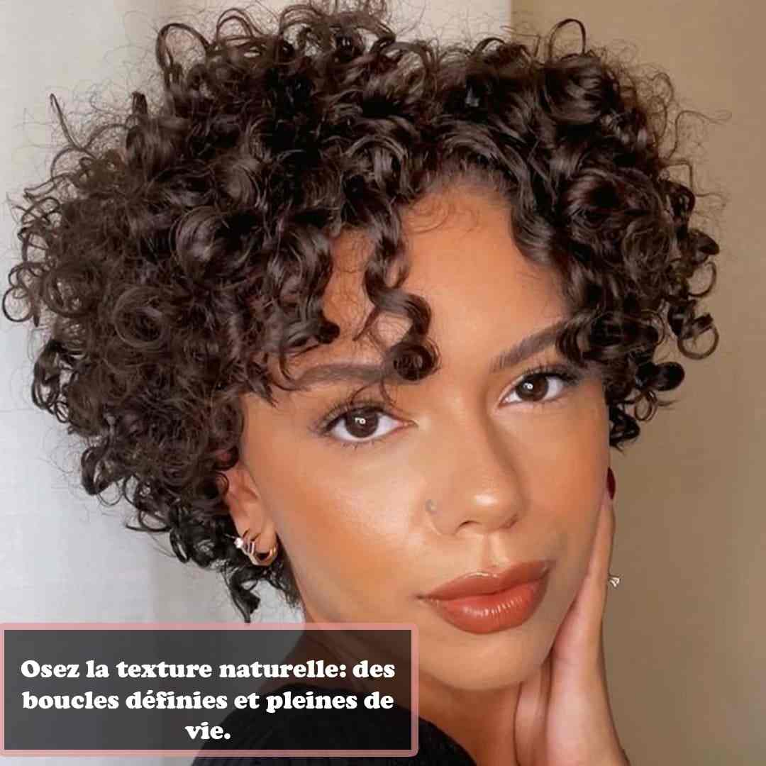 femme avec peau bronzée et une coupe courte bouclée naturelle