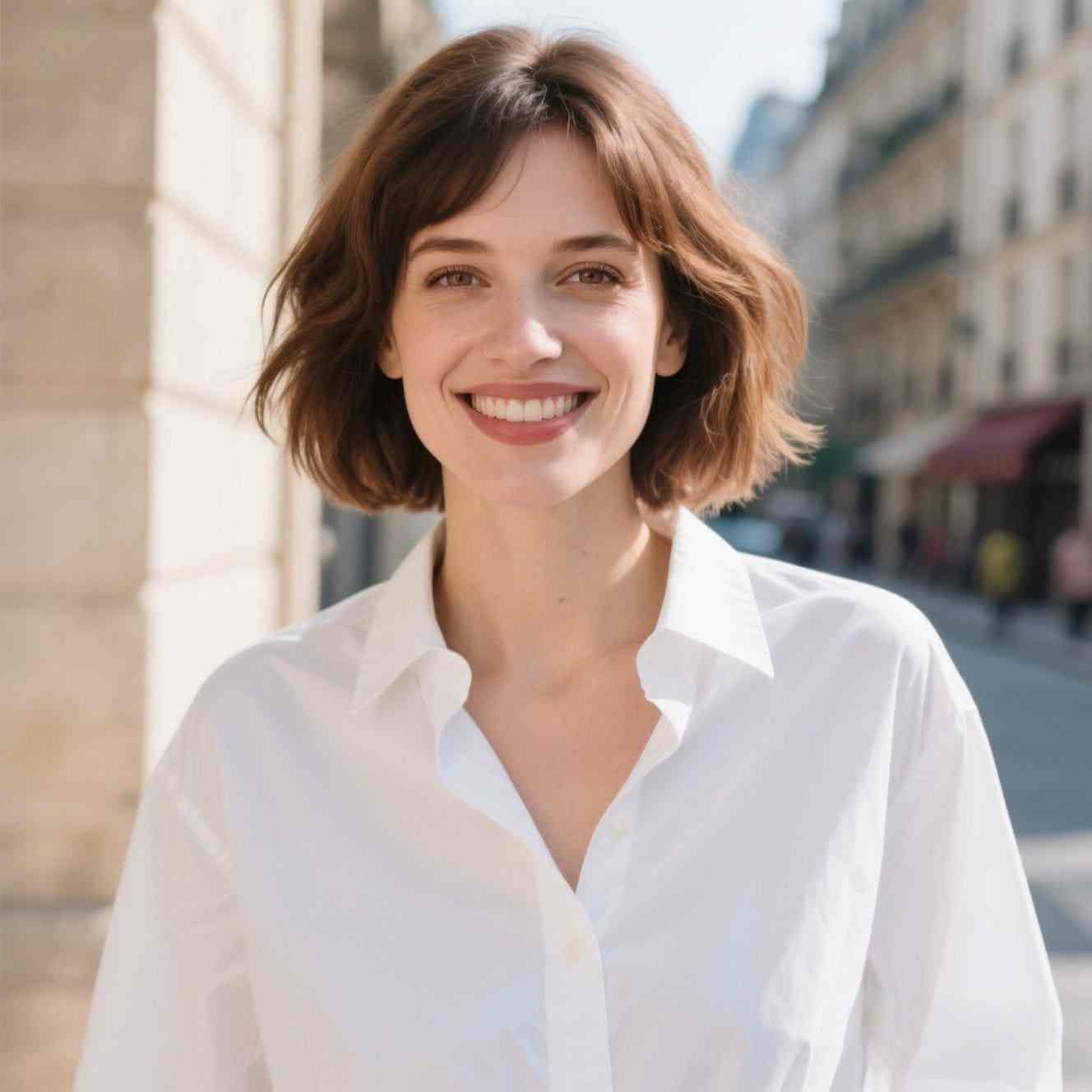 femme en chemise blanche avec un carré court flou adapté à beaucoup de formes de visage