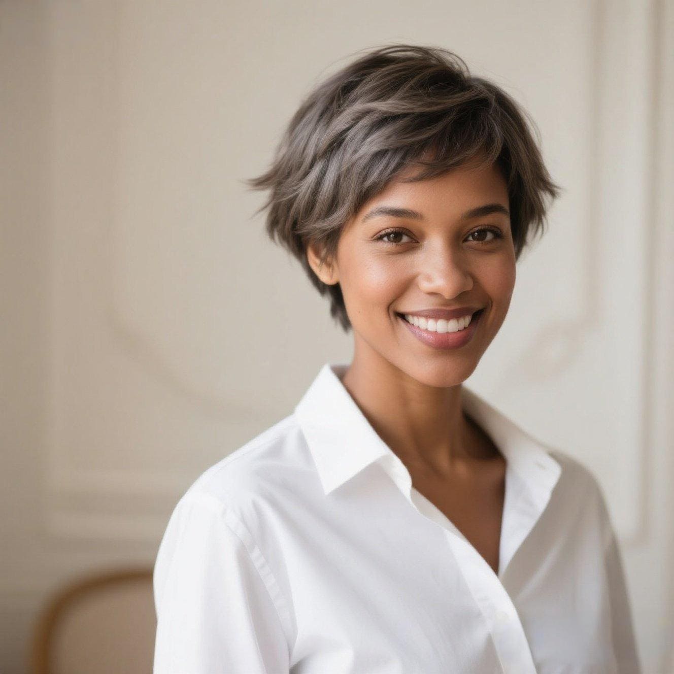 femme souriante avec peau bronzée et une coupe pixie effilée qui montre une ambiance fraîche