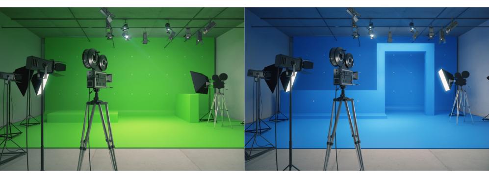 filming studio with green screen and blue screen and other filming equipment