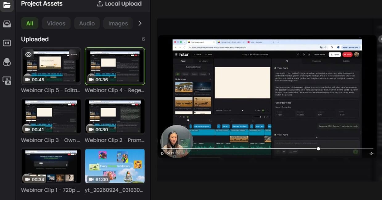 five extracted webinar clips with one selected clip shown in the video preview