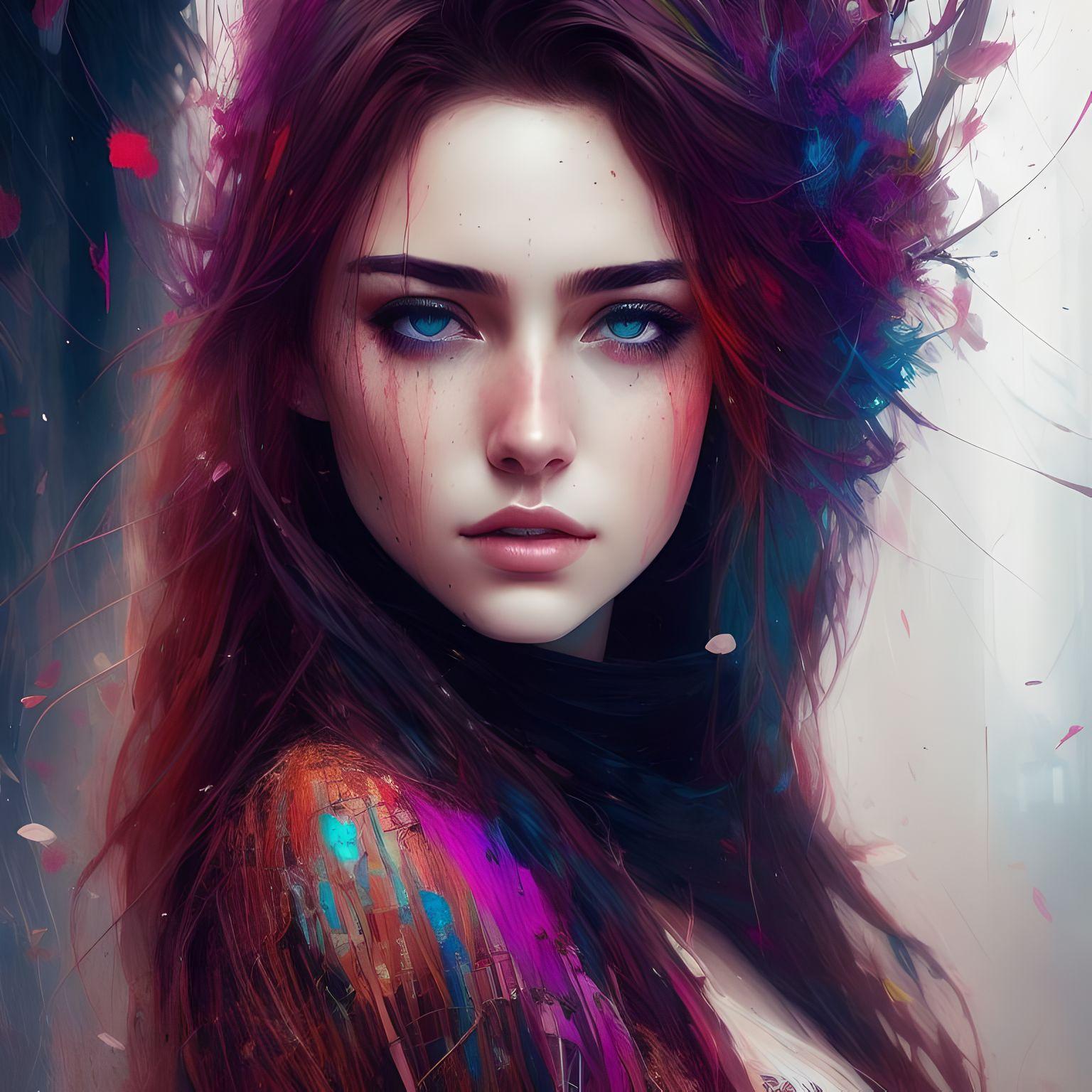 A young woman half-body portrait in Carne Griffiths and Wadim Kashin Art style