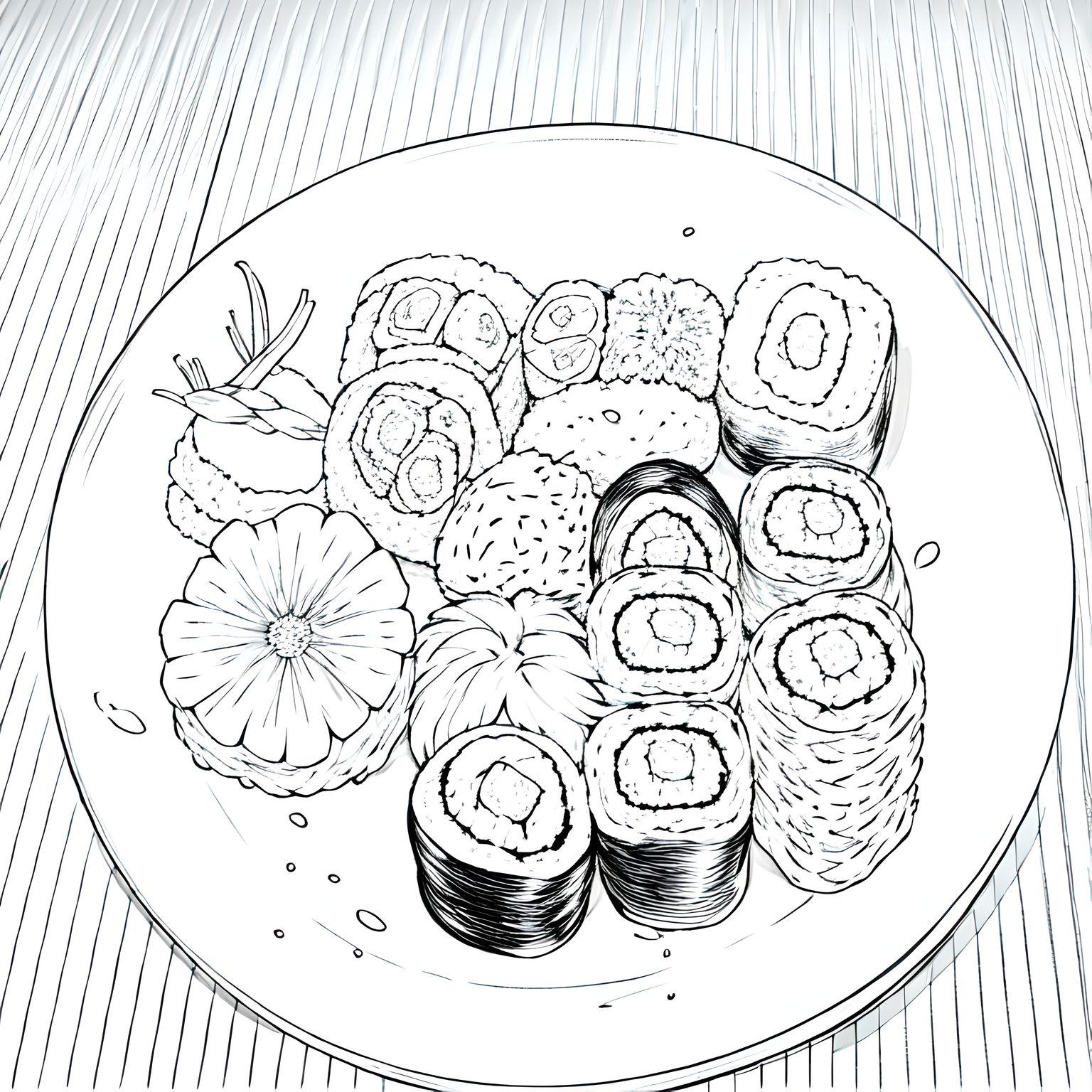 sushi in a plate line drawing