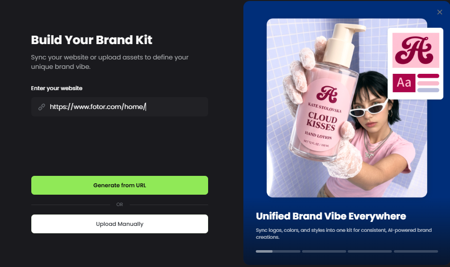 fotor brand kit step 1 to import the brand website or upload manually