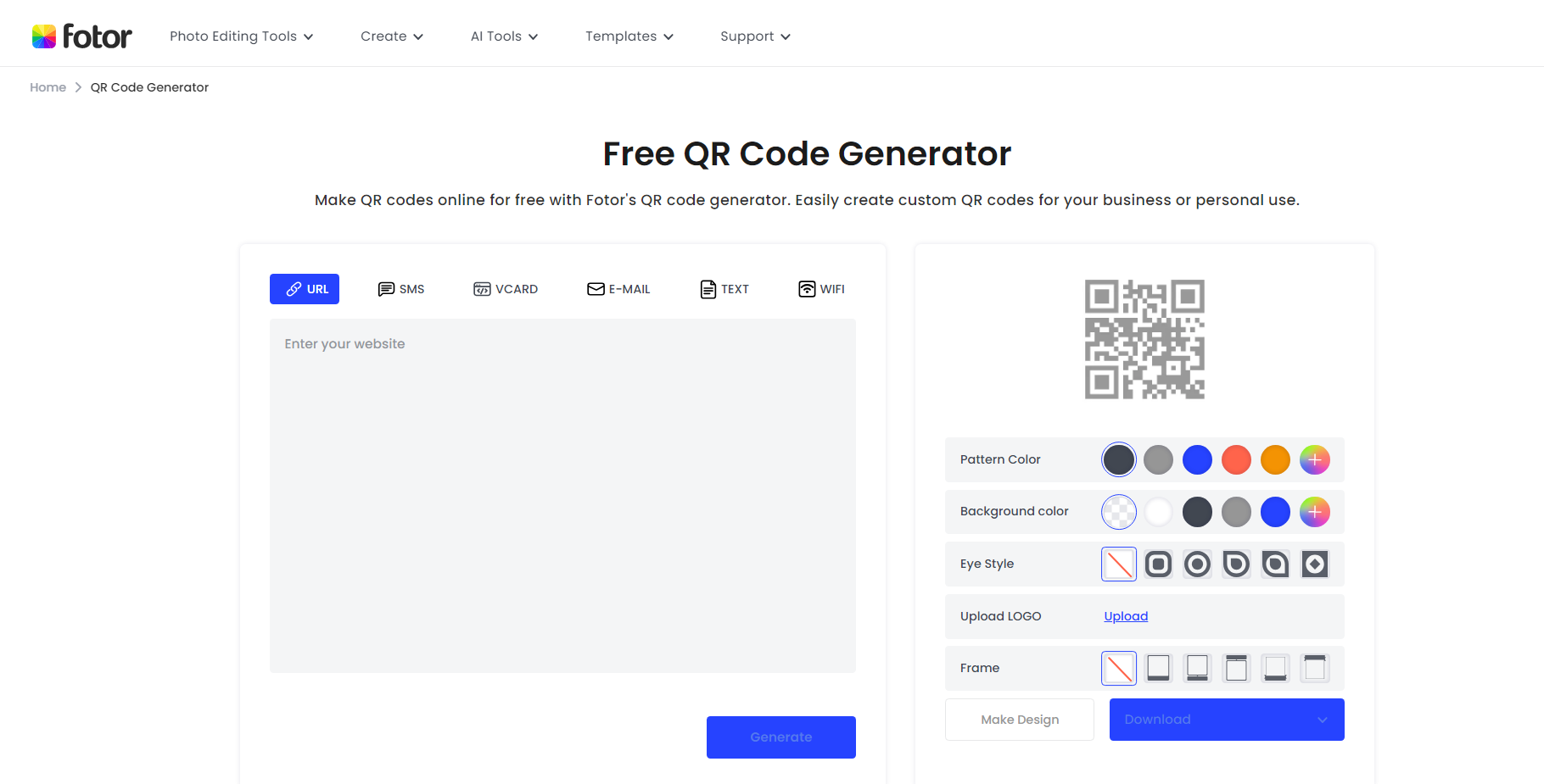 homepage of fotor free qr code generator
