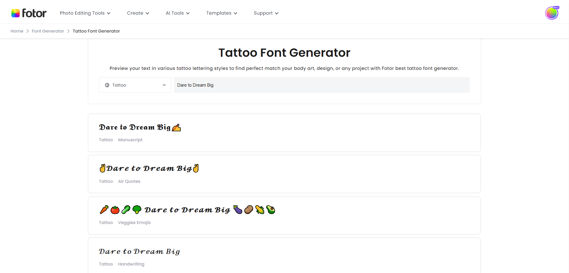 fotor tattoo font generator page
