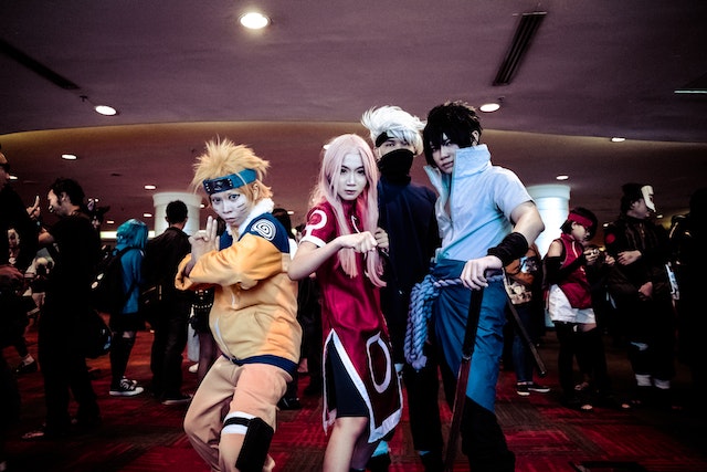 four young people cosplay naruto