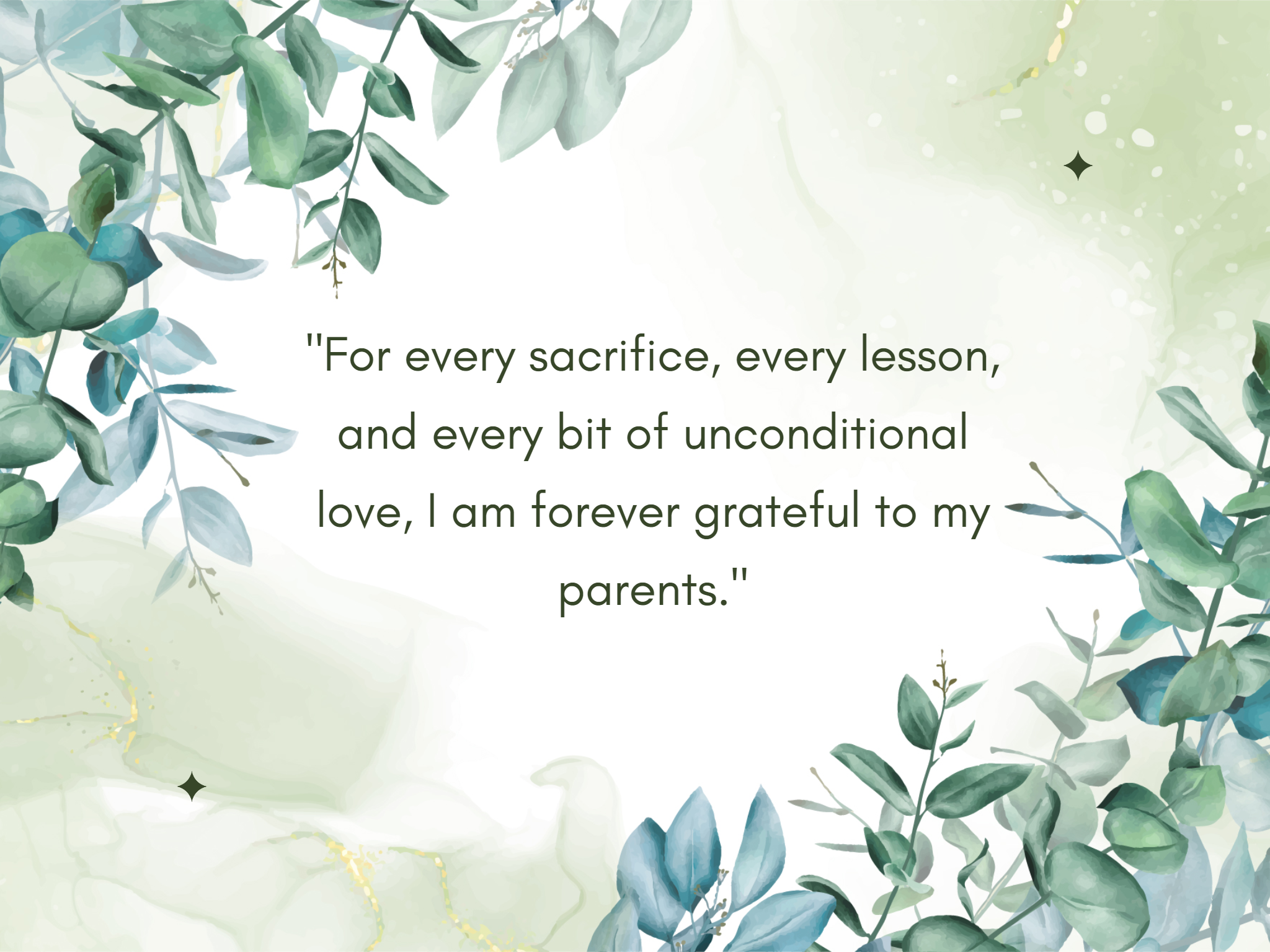 green illustration leaves card with thankful parents quote