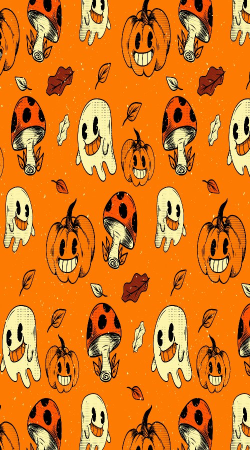 Mushrooms, leaves, pumpkins, and ghosts with emojis make up this wallpaper.