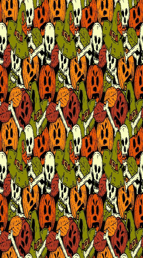 the densely packed pumpkins, skulls, and bones make up this wallpaper