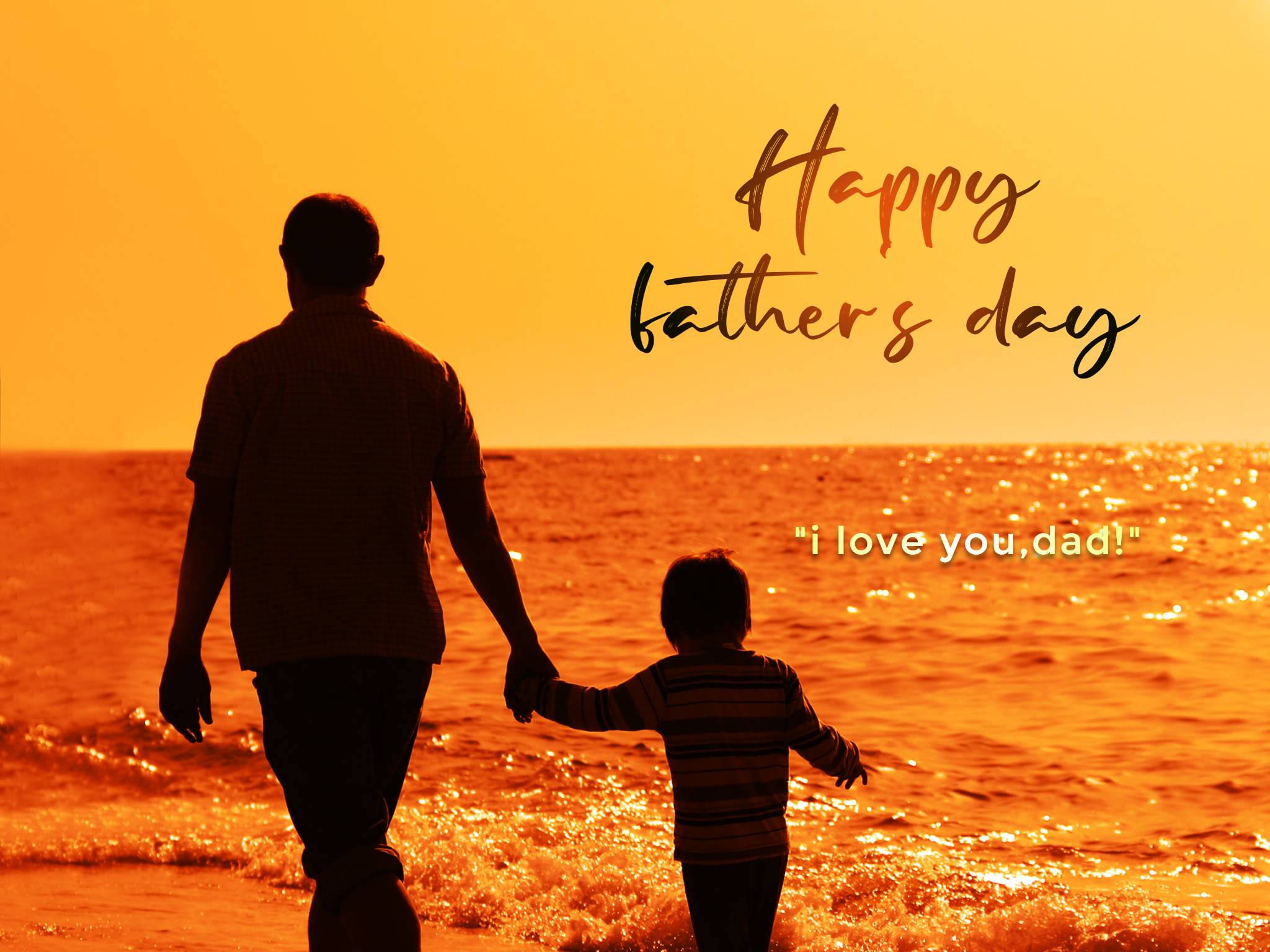 heartfelt fathers day message card template of a man hold a kid on the beach