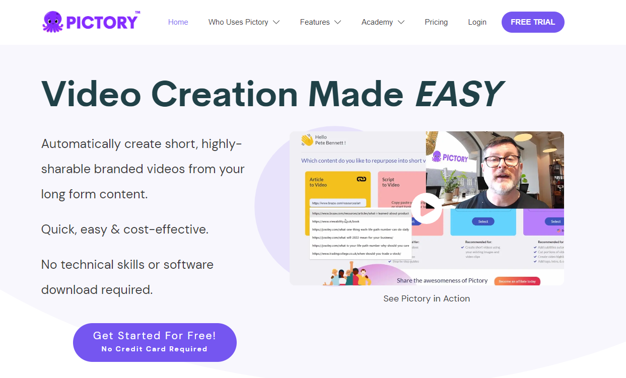 home page of Pictory