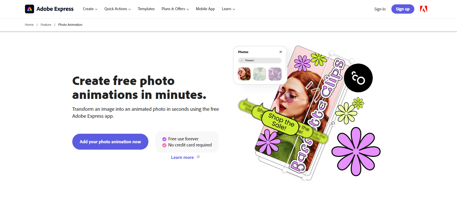 home page of adobe express animation tool