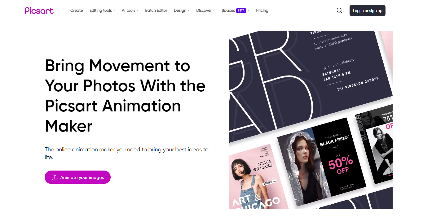 home page of picsart image animator