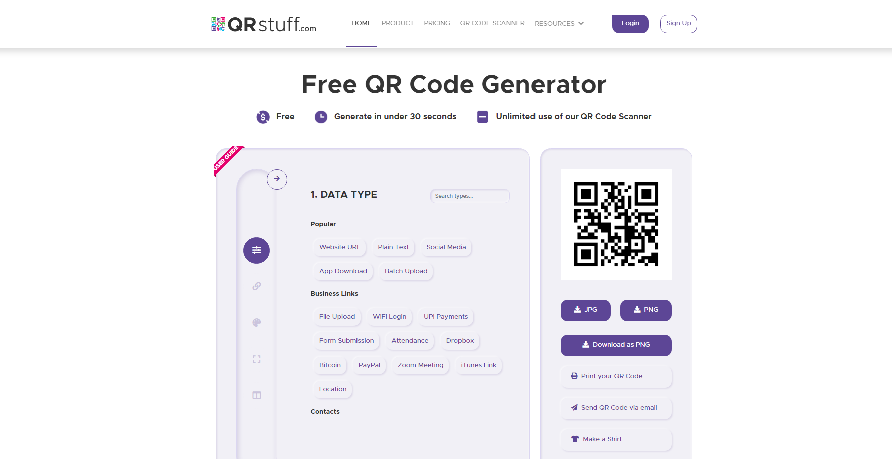 online homepage of the free qr code generator from qr stuff