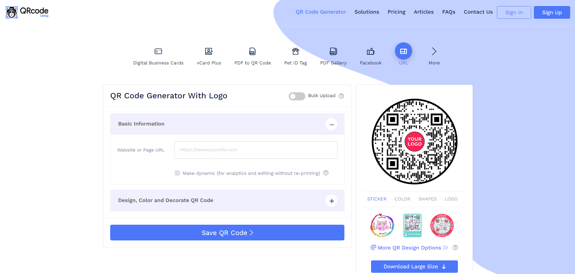 online homepage of the free qr code generator from qr code chimp
