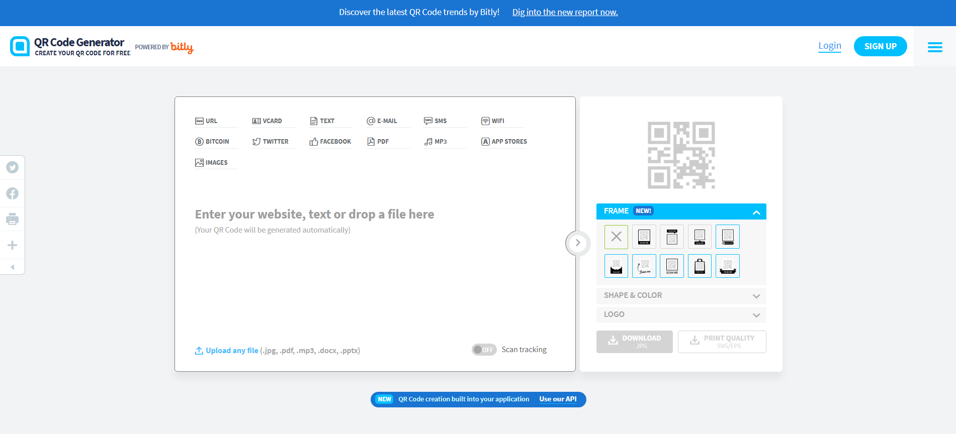 homepage of free qr code generator powered by bitly