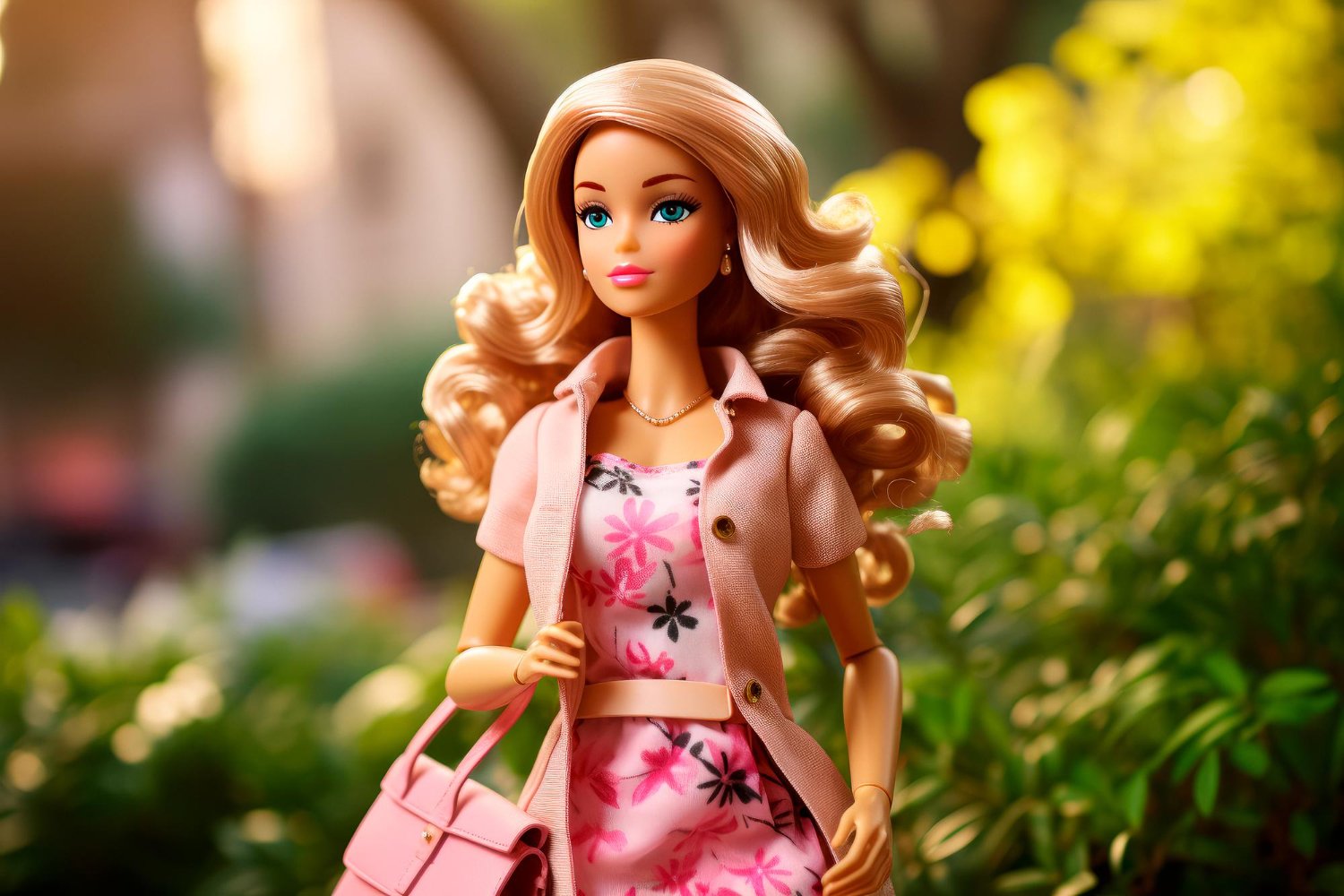image stylish blonde doll outside wearing floral dress