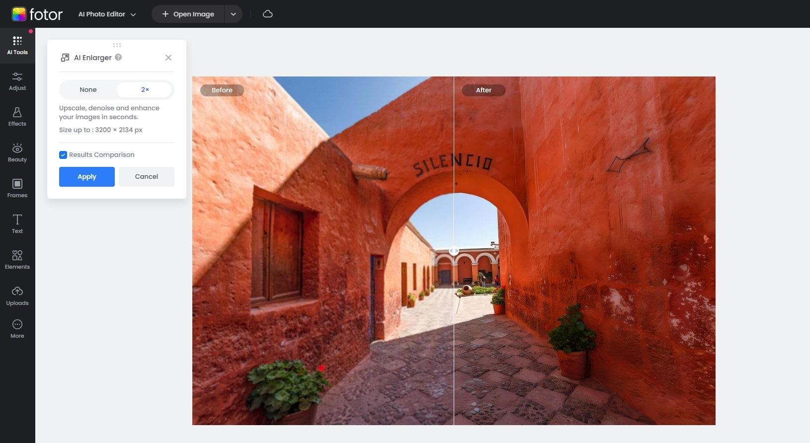image upscaler enhances the resolution of building photos