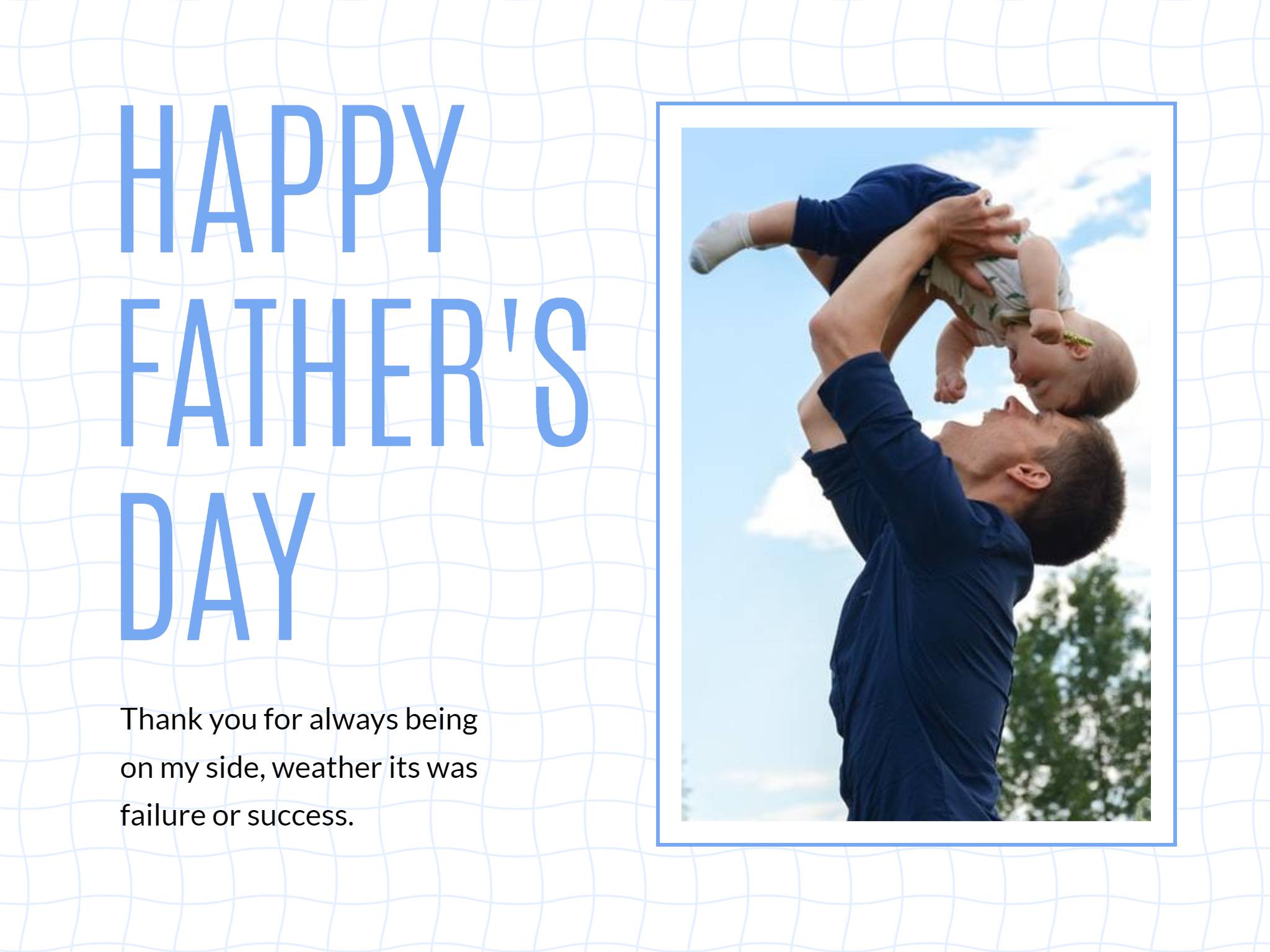inspirational fathers day message card template of a man hold up a kid
