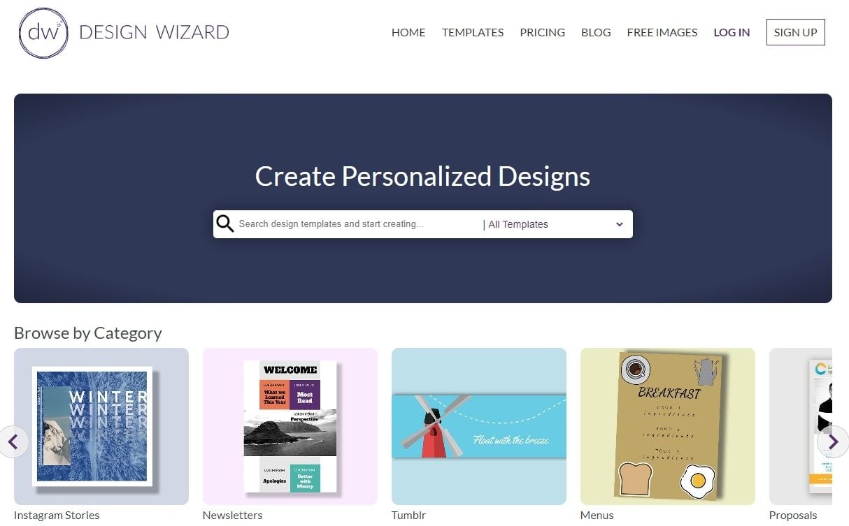 landing page of Design Wizard