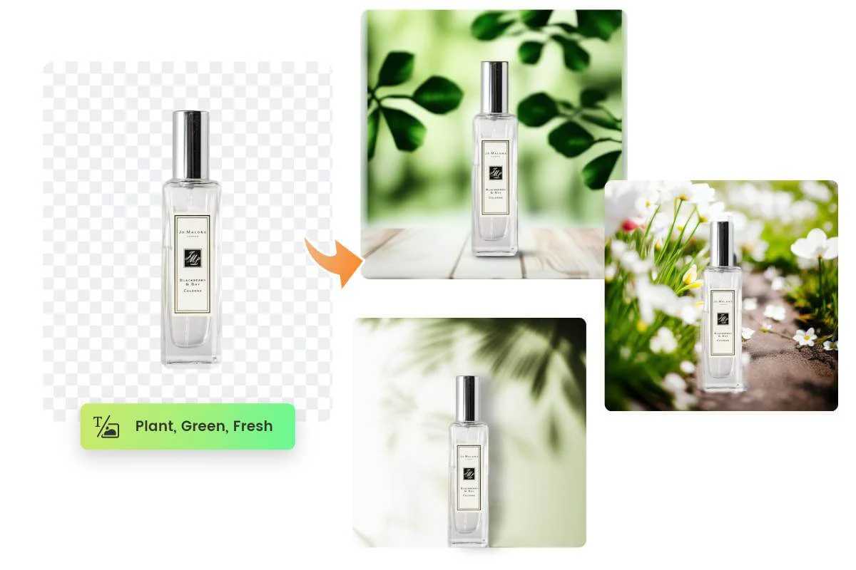 le générateur de fond de Fotor enlève le fond d'une photo de parfum et génère automatiquement des fonds IA