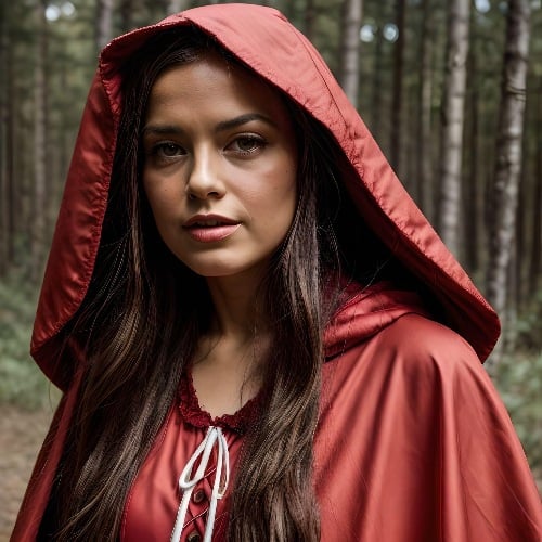 a woman in the little red riding hood costume