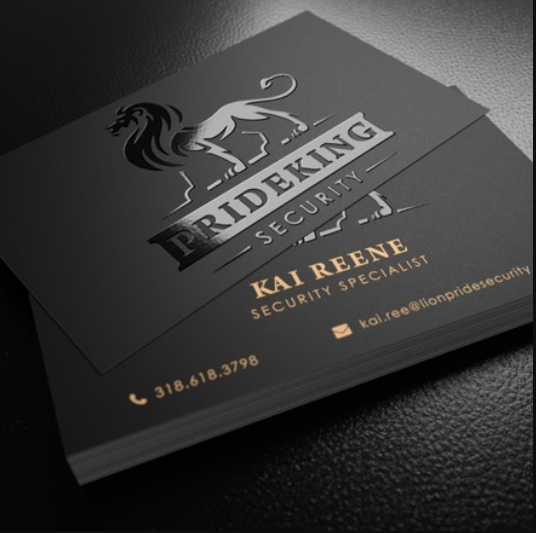 logo business card in black background color and golden text