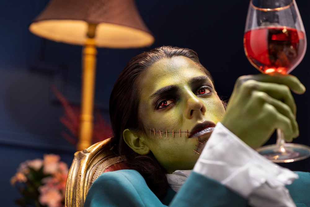 low angle man holding wine glass with green zombie makeup