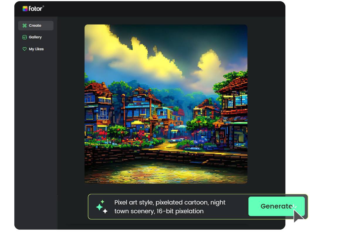make a night town scenery pixel art image from text in fotor ai pixel art generator