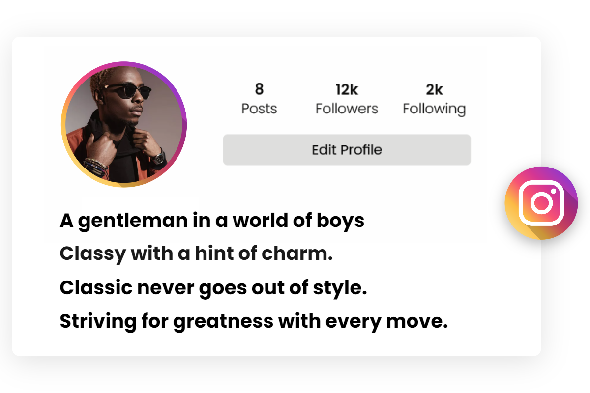 male insta profile page with classy instagram bio for boys