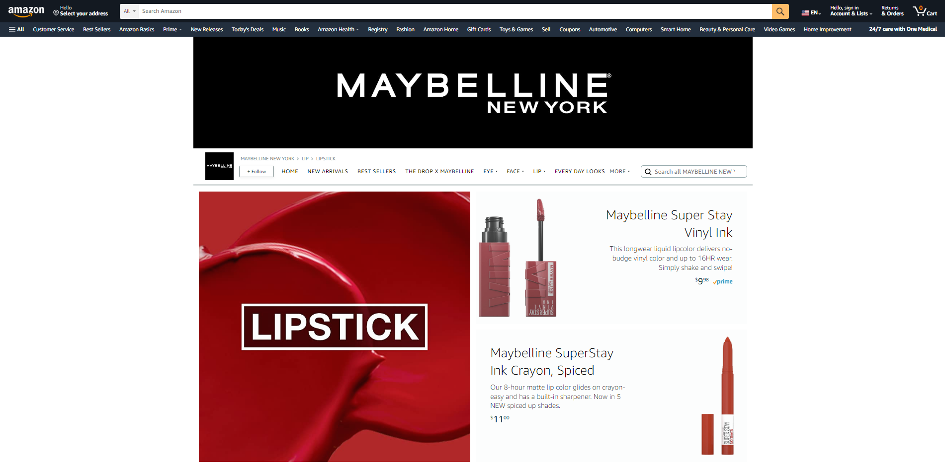 maybelline shopping lipstick homepage on amazon